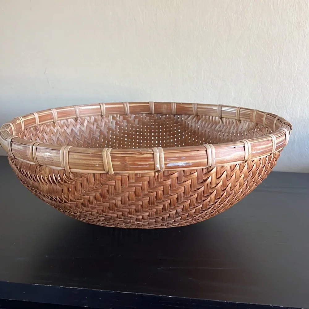 Vintage Rare Bamboo Round Woven Basket 16”